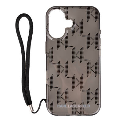 Apple iPhone 16 Case Karl Lagerfeld Original Licensed KL Patterned Transparent Wrist Strap String Classic Logo Cover Black