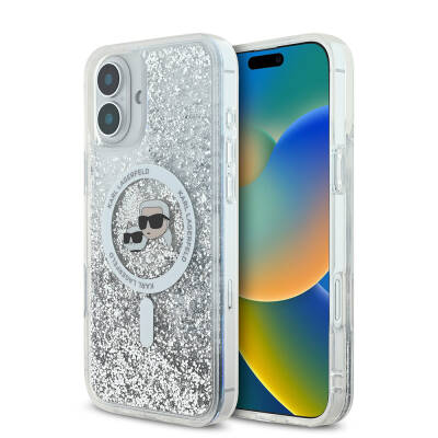 Apple iPhone 16 Case Karl Lagerfeld Original Licensed Magsafe Charging Featured Liquid Glitter K&C Heads Cover Şeffaf