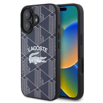 Apple iPhone 16 Case Lacoste Original Licensed Magsafe Charging Featured Mono Vintage Logo Cover Navy blue