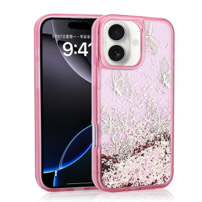 Apple iPhone 16 Case Liquid Glitter Butterfly Printed Transparent Back Surface Zore Glis Silicone Cover Pink