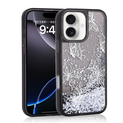 Apple iPhone 16 Case Liquid Glitter Butterfly Printed Transparent Back Surface Zore Glis Silicone Cover Black