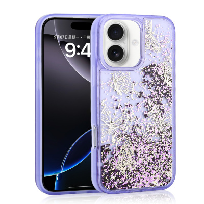 Apple iPhone 16 Case Liquid Glitter Butterfly Printed Transparent Back Surface Zore Glis Silicone Cover Purple