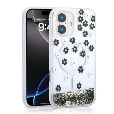 Apple iPhone 16 Case Liquid Glitter Printed Transparent Back Surface Zore Mossa Silicone Cover Black