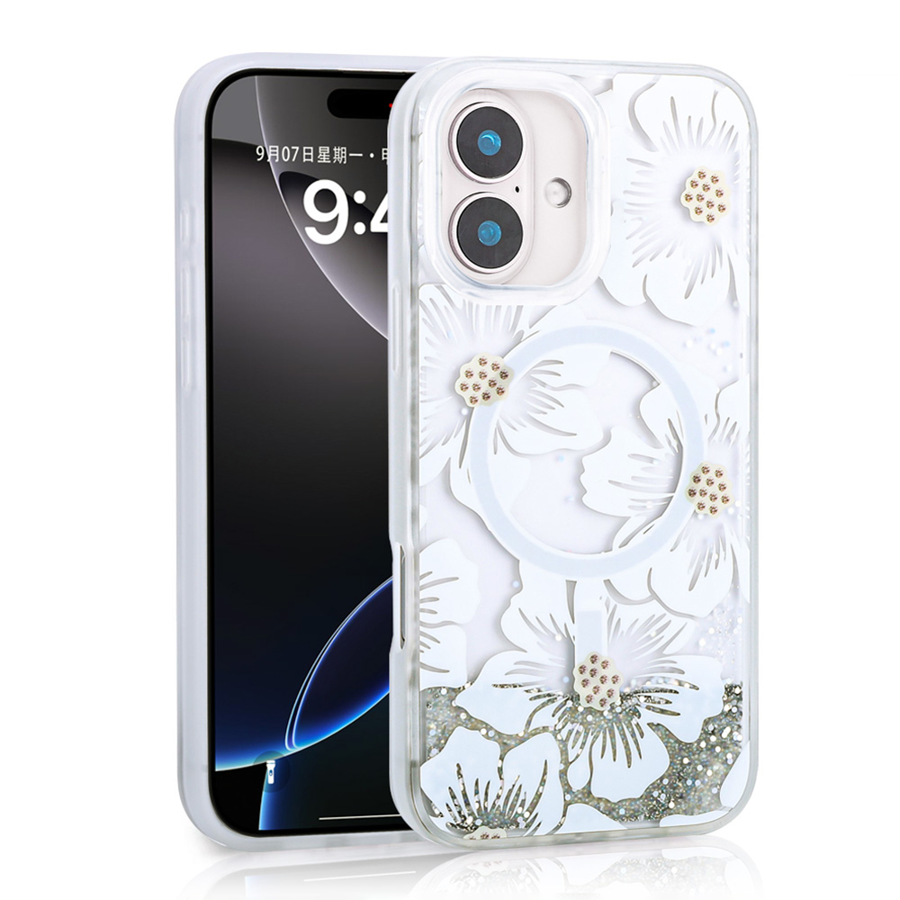 Apple iPhone 16 Case Liquid Glitter Printed Transparent Back Surface Zore Mossa Silicone Cover - 3