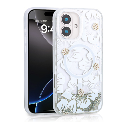 Apple iPhone 16 Case Liquid Glitter Printed Transparent Back Surface Zore Mossa Silicone Cover Grey