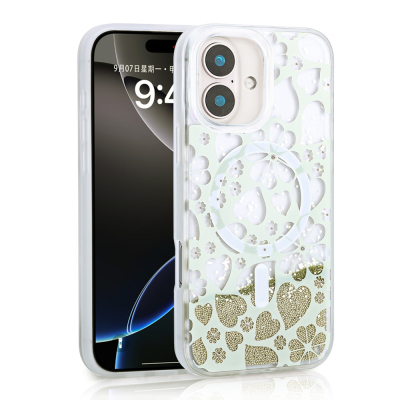 Apple iPhone 16 Case Liquid Glitter Printed Transparent Back Surface Zore Mossa Silicone Cover Gold