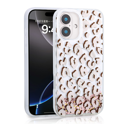 Apple iPhone 16 Case Liquid Glitter Printed Transparent Back Surface Zore Mossa Silicone Cover Pink