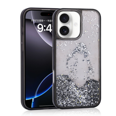 Apple iPhone 16 Case Liquid Glitter Transparent Back Surface Zore Keto Silicone Cover Black