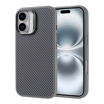 Apple iPhone 16 Case Magsafe Charging Feature Carbon Fiber Look Zore Troy Cover Silver