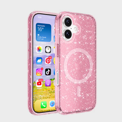 Apple iPhone 16 Case Magsafe Charging Feature Shining Glitter Transparent Colored Zore Allstar Cover Pink