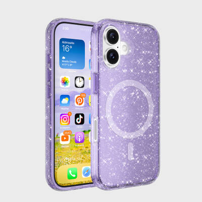 Apple iPhone 16 Case Magsafe Charging Feature Shining Glitter Transparent Colored Zore Allstar Cover Purple