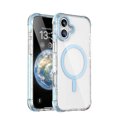 Apple iPhone 16 Case Magsafe Charging Featured Stone and Silvery Design Mutural Blink Cover Blue