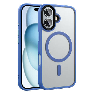 Apple iPhone 16 Case Matte Back Surface Wireless Charging Feature Zore Flet Magsafe Cover Blue