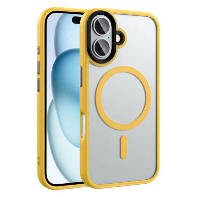 Apple iPhone 16 Case Matte Back Surface Wireless Charging Feature Zore Flet Magsafe Cover Yellow