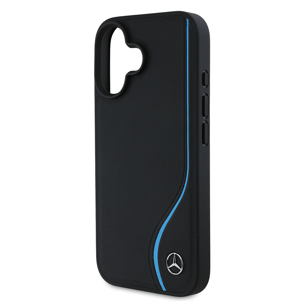 Apple iPhone 16 Case Mercedes Benz Original Licensed Magsafe Charging Feature 3D Metal Logo Blue Vertical Curved Striped Leather Cover - 5
