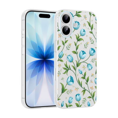 Apple iPhone 16 Case with Camera Protector, Patterned Zore Clip Cover Mavi Lale