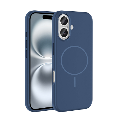 Apple iPhone 16 Case with M-Safe Charging Feature, Metal Camera Frame, Zore Edi Silicone Cover Navy blue