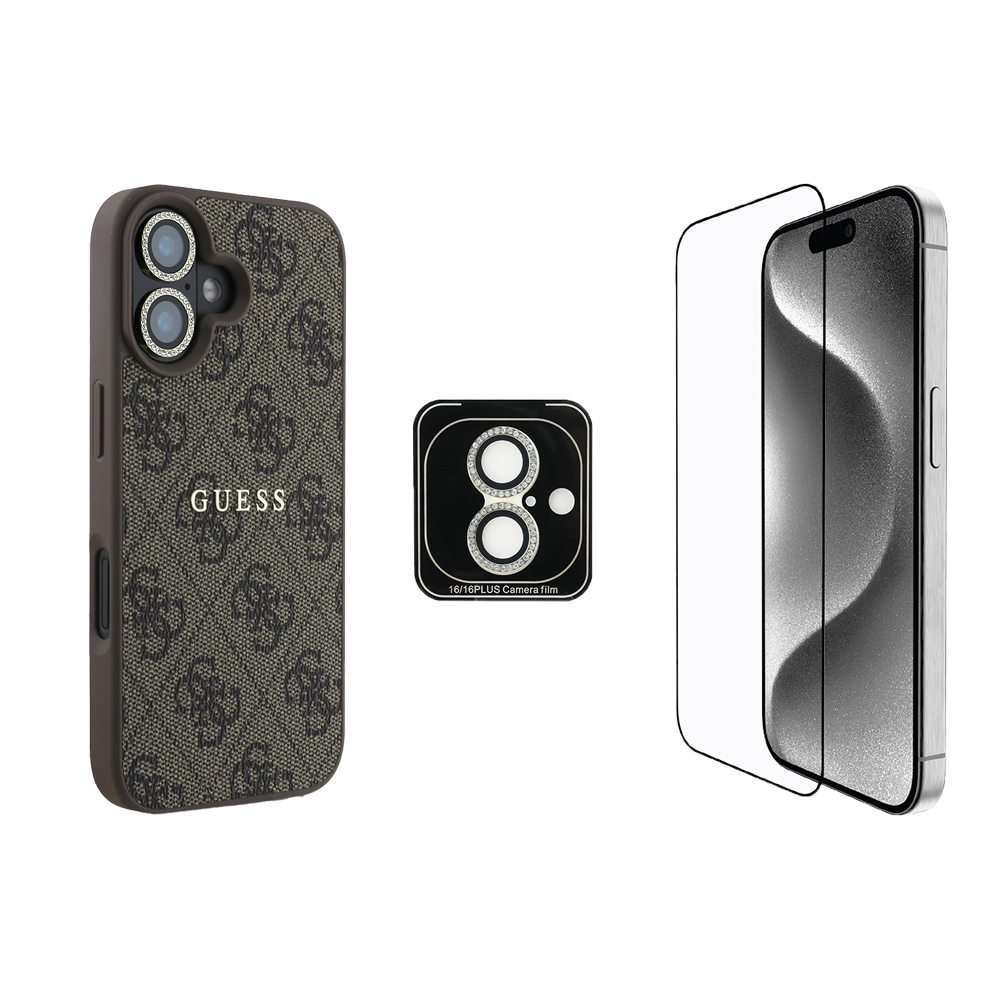 Apple iPhone 16 Guess Original Licensed Case + Screen Protector + Lens Protector 3in1 Accessory Set - 1