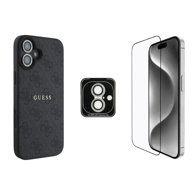 Apple iPhone 16 Guess Original Licensed Case + Screen Protector + Lens Protector 3in1 Accessory Set Black