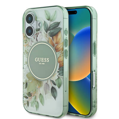 Apple iPhone 16 Guess Original Licensed Magsafe Charging Featured IML Printed Text Logo Flower Tonal Circle Cover Green