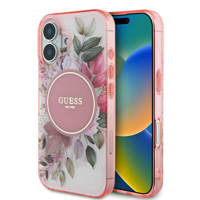 Apple iPhone 16 Guess Original Licensed Magsafe Charging Featured IML Printed Text Logo Flower Tonal Circle Cover Pink