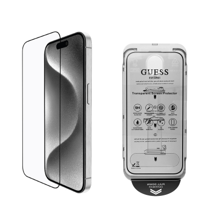 Apple iPhone 16 Guess Original Licensed Tempered Glass Screen Protector Outline Series Application Tool Black