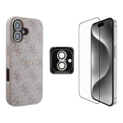 Apple iPhone 16 Guess Orjinal Lisanslı Kılıf + Ekran Koruyucu + Lens Koruyucu 3in1 Aksesuar Seti Pembe