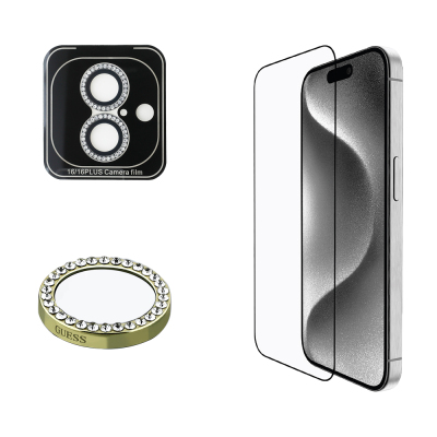 Apple iPhone 16 Guess Orjinal Lisanslı Rhinestone Ekran Koruyucu + Lens Koruyucu 2in1 Aksesuar Seti Gold