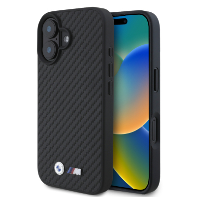 Apple iPhone 16 Kılıf BMW Orjinal Lisanslı Karbon Fiber Tasarımlı ve Metal Logolu PU Deri Kapak Siyah