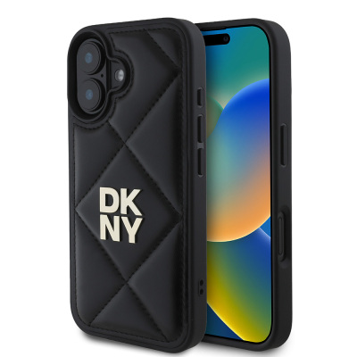 Apple iPhone 16 Kılıf DKNY Orjinal Lisanslı Kapitone Tasarımlı Metal Logolu Deri Kapak Siyah