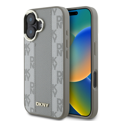 Apple iPhone 16 Kılıf DKNY Orjinal Lisanslı Magsafe Şarj Özellikli 3D Yazılı Checkered Pattern Kapak Bej