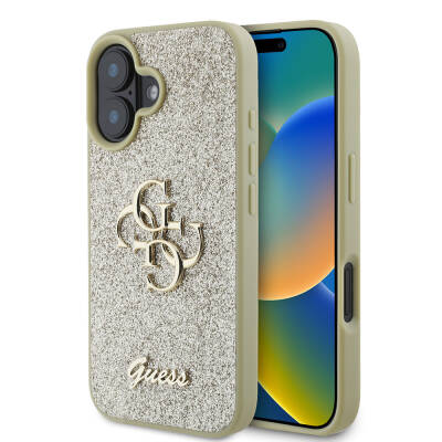 Apple iPhone 16 Kılıf Guess Orjinal Lisanslı 4G Büyük Metal Logolu Glitter Kapak Gold