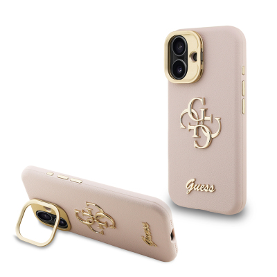 Apple iPhone 16 Kılıf Guess Orjinal Lisanslı Grained Yazı Logolu Kamera Standlı Kapak Pembe