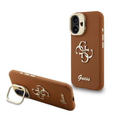 Apple iPhone 16 Kılıf Guess Orjinal Lisanslı Grained Yazı Logolu Kamera Standlı Kapak Kahverengi