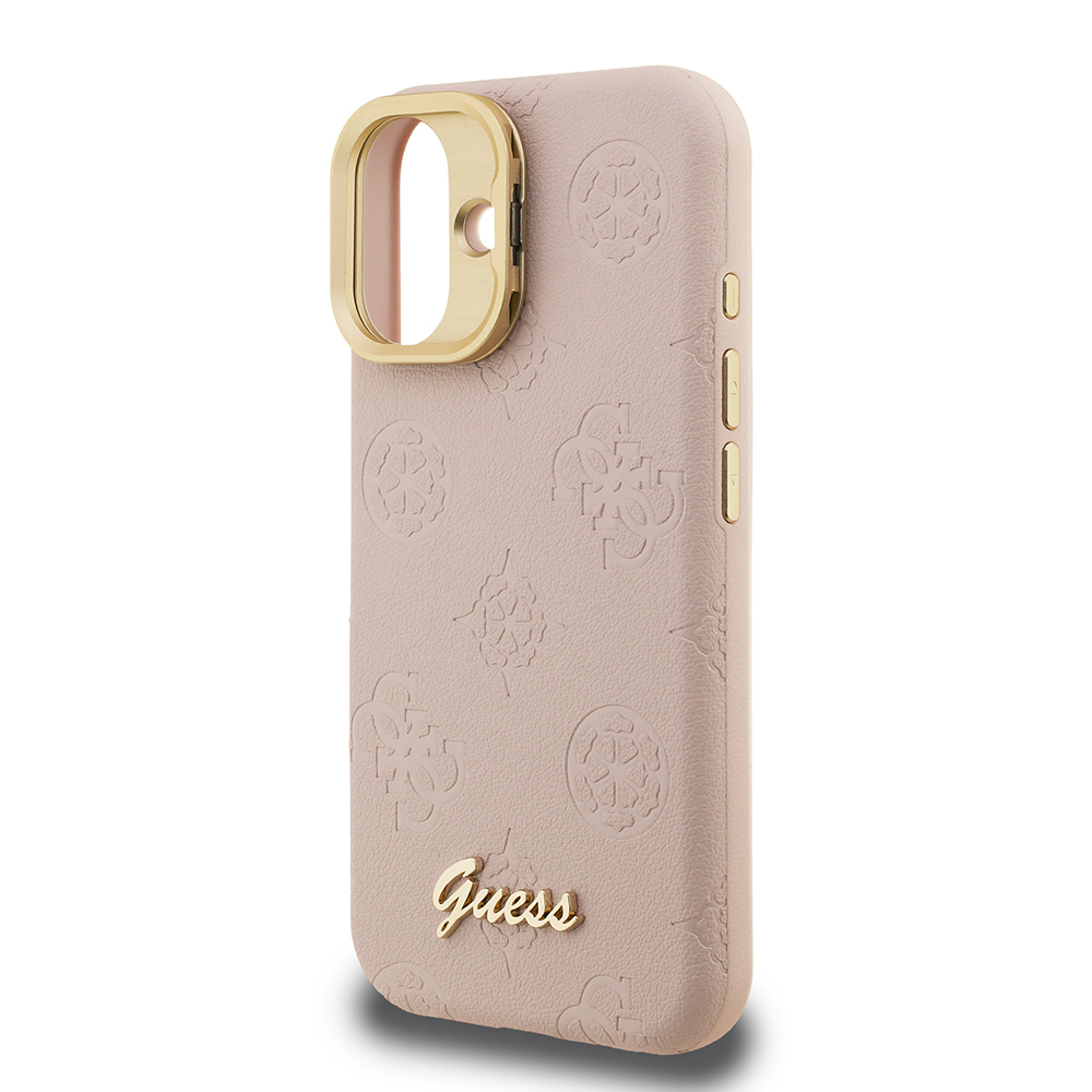 Apple iPhone 16 Kılıf Guess Orjinal Lisanslı M-safe Şarj Özellikli Sıcak Baskılı Yazı Logolu Kamera Standlı PU Deri Peony Kapak - 9