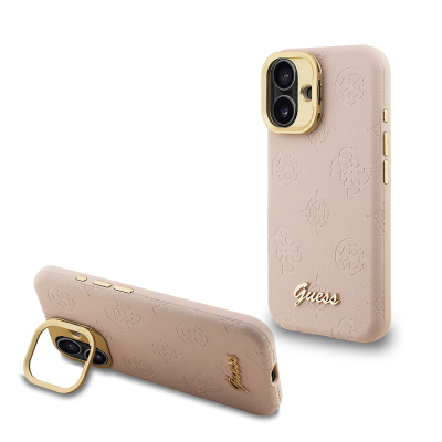Apple iPhone 16 Kılıf Guess Orjinal Lisanslı M-safe Şarj Özellikli Sıcak Baskılı Yazı Logolu Kamera Standlı PU Deri Peony Kapak Pembe