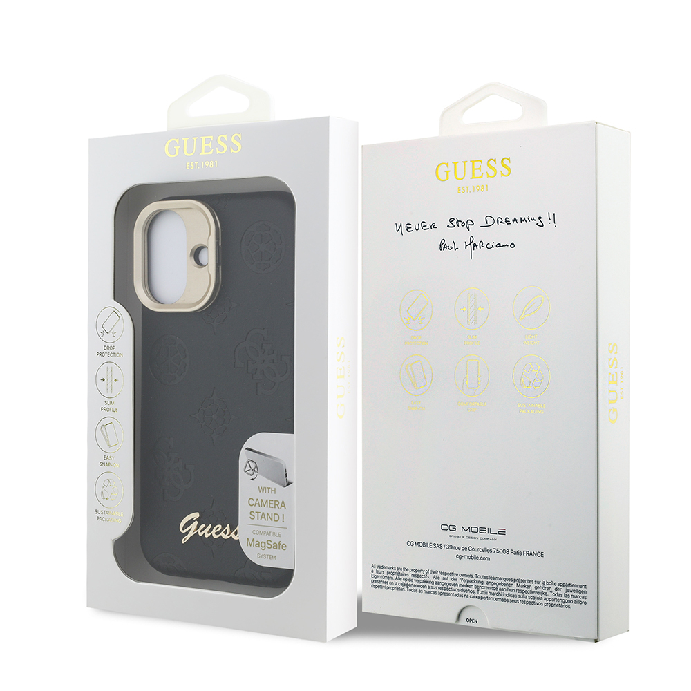 Apple iPhone 16 Kılıf Guess Orjinal Lisanslı M-safe Şarj Özellikli Sıcak Baskılı Yazı Logolu Kamera Standlı PU Deri Peony Kapak - 18