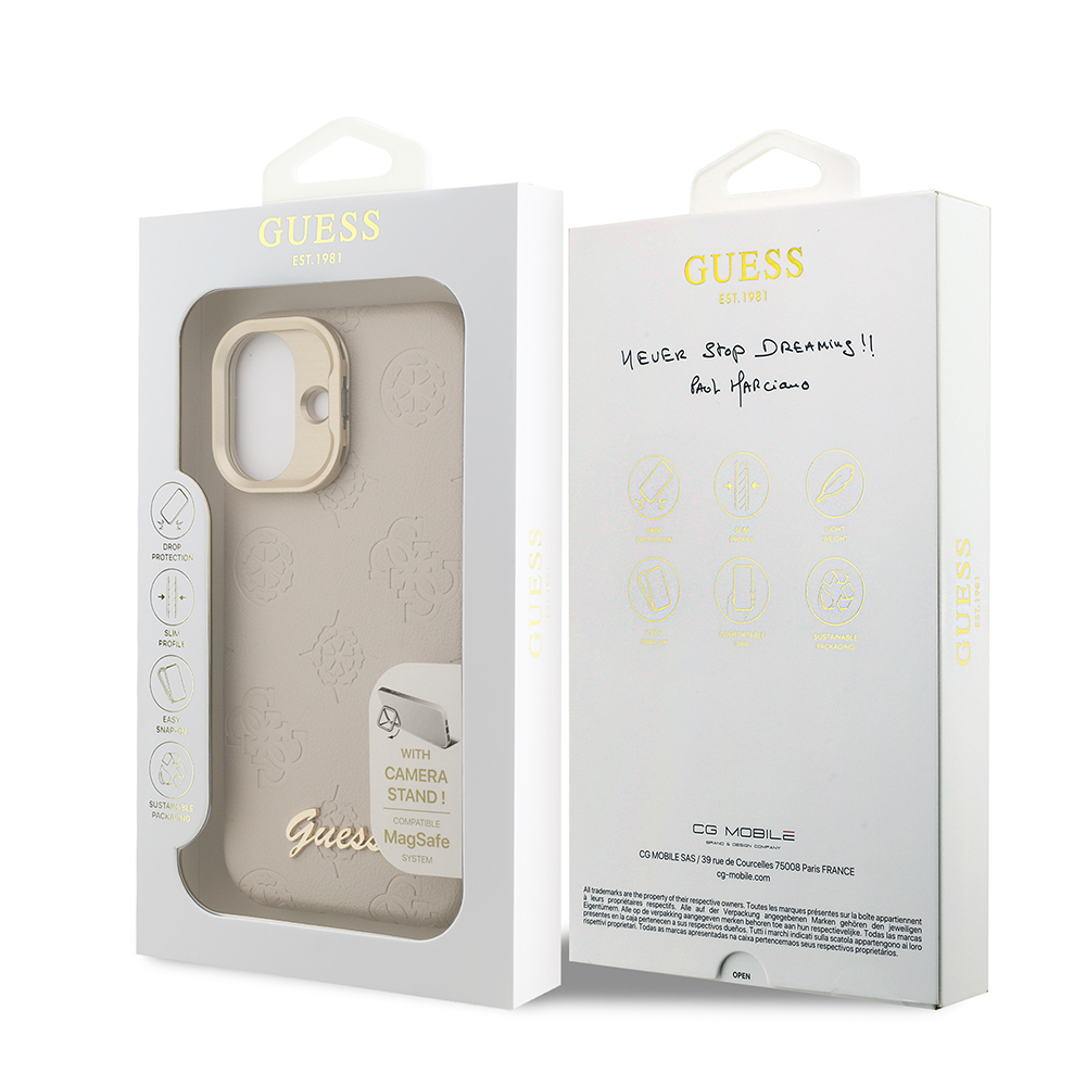 Apple iPhone 16 Kılıf Guess Orjinal Lisanslı M-safe Şarj Özellikli Sıcak Baskılı Yazı Logolu Kamera Standlı PU Deri Peony Kapak - 25
