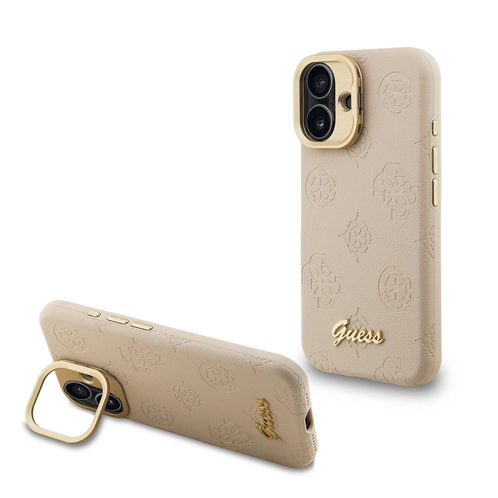 Apple iPhone 16 Kılıf Guess Orjinal Lisanslı M-safe Şarj Özellikli Sıcak Baskılı Yazı Logolu Kamera Standlı PU Deri Peony Kapak - 4