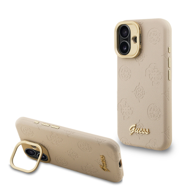 Apple iPhone 16 Kılıf Guess Orjinal Lisanslı M-safe Şarj Özellikli Sıcak Baskılı Yazı Logolu Kamera Standlı PU Deri Peony Kapak Bej