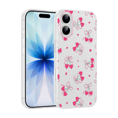 Apple iPhone 16 Kılıf Kamera Korumalı Desenli Zore Klip Kapak Kalpli Kiraz