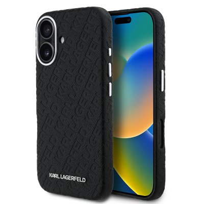 Apple iPhone 16 Kılıf Karl Lagerfeld Orjinal Lisanslı PU Deri Damgalı Metal Yazı Logolu Kapak Siyah