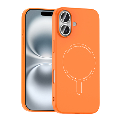 Apple iPhone 16 Kılıf M-Safe Şarj Özellikli Kamera Korumalı Zore Elio Sert PC Kapak Turuncu