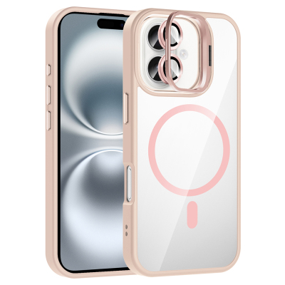 Apple iPhone 16 Kılıf Standlı ve Kamera Lens Hediyeli M-Safe Şarj Özellikli Zore Etro Kapak Pembe