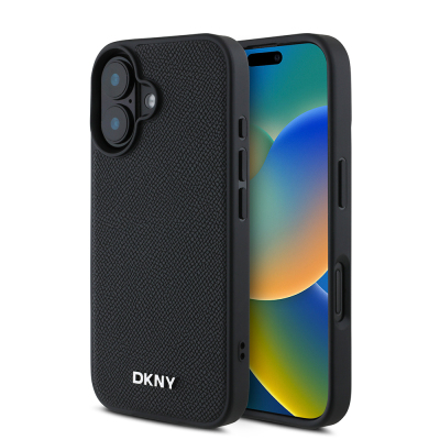 Apple iPhone 16 Plus Case DKNY Original Licensed PU Leather Grained Cover with Metal Logo with Magsafe Charging Feature Black
