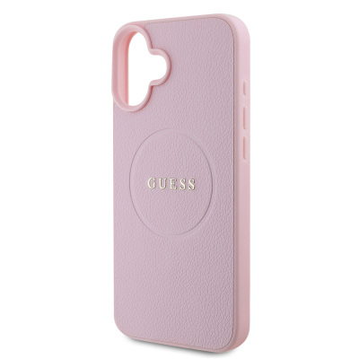 Apple iPhone 16 Plus Case Guess Original Licensed Grained Cover Magsafe Charging Feature and Text Logo Pink