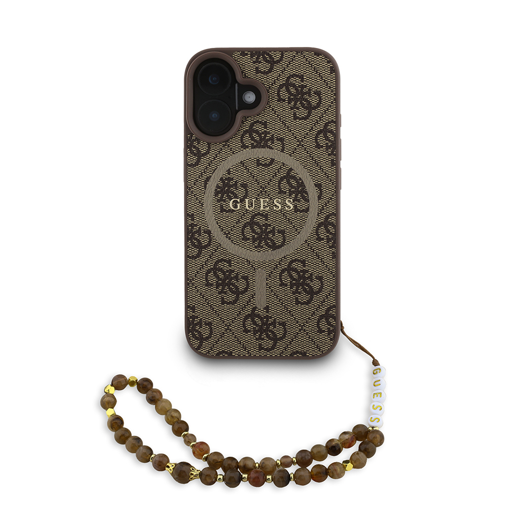 Apple iPhone 16 Plus Case Guess Original Licensed M-safe Charging Feature PU Leather Wrist Strap Rope Cover Text Logo - 1