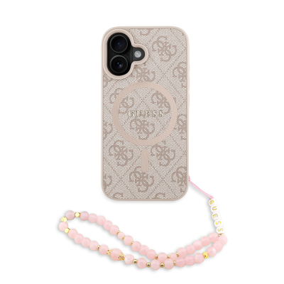 Apple iPhone 16 Plus Case Guess Original Licensed M-safe Charging Feature PU Leather Wrist Strap Rope Cover Text Logo Pink