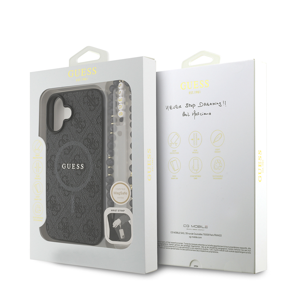 Apple iPhone 16 Plus Case Guess Original Licensed M-safe Charging Feature PU Leather Wrist Strap Rope Cover Text Logo - 25