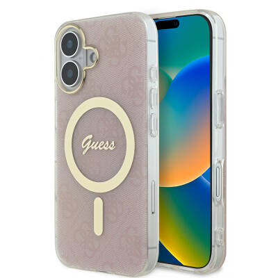 Apple iPhone 16 Plus Case Guess Original Licensed Magsafe Charging Feature 4G Text Logo Patterned Cover Pink